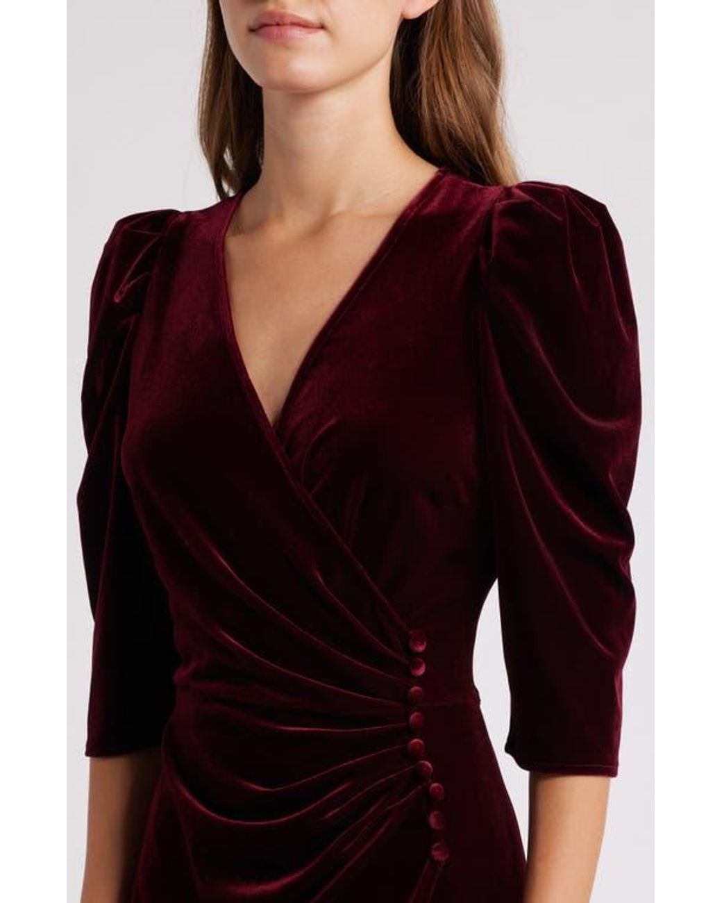 Chelsea28 Faux Wrap Velvet Midi Cocktail Dress in Red | Lyst