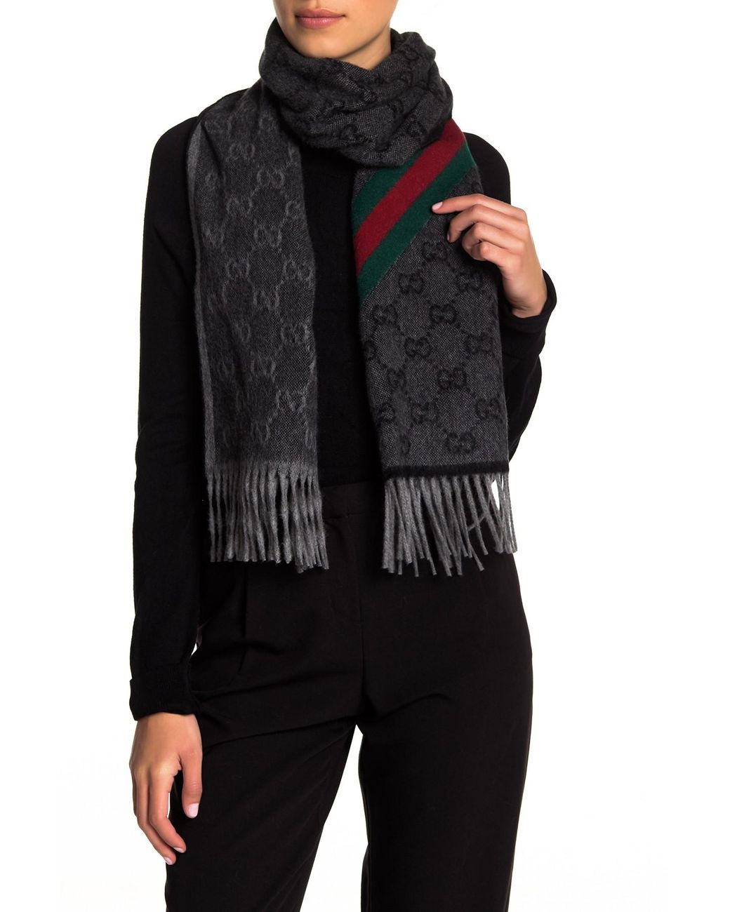 GUCCI Fringed metallic jacquard scarf