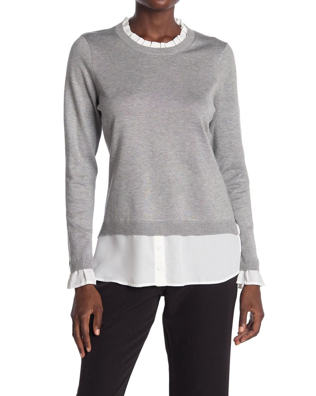 Adrianna Papell Ruffle Neck Twofer Sweater in Gray - Lyst
