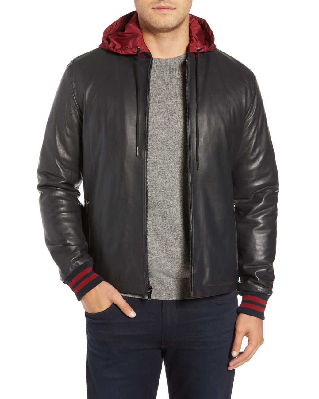 Bugatchi Hooded Leather Bomber Jacket in Black for Men Save 60 Lyst