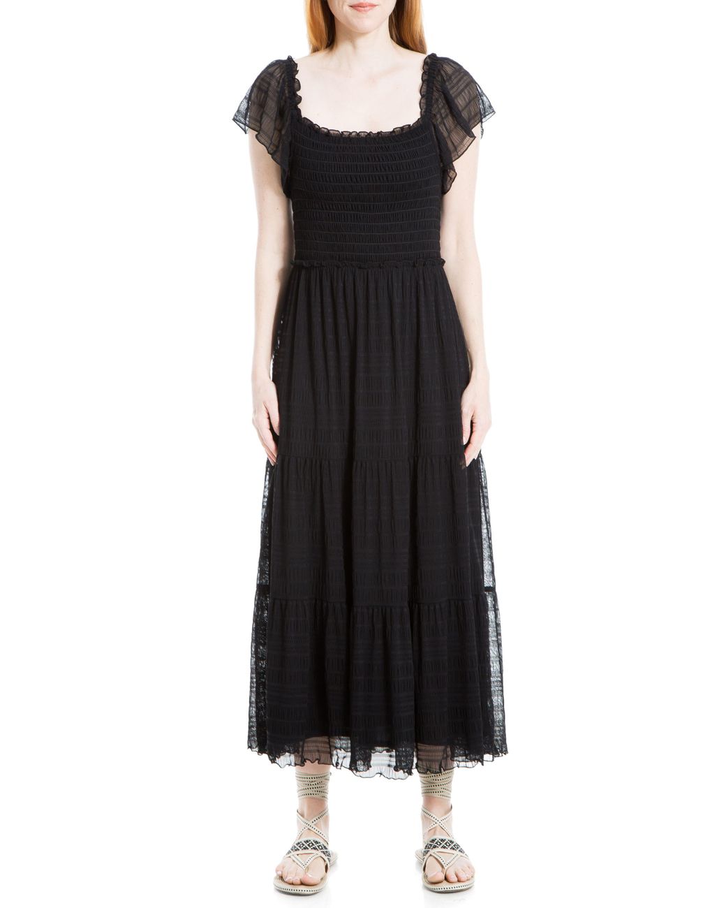 Max Studio Mesh Smocked Midi Dress in Black Lyst