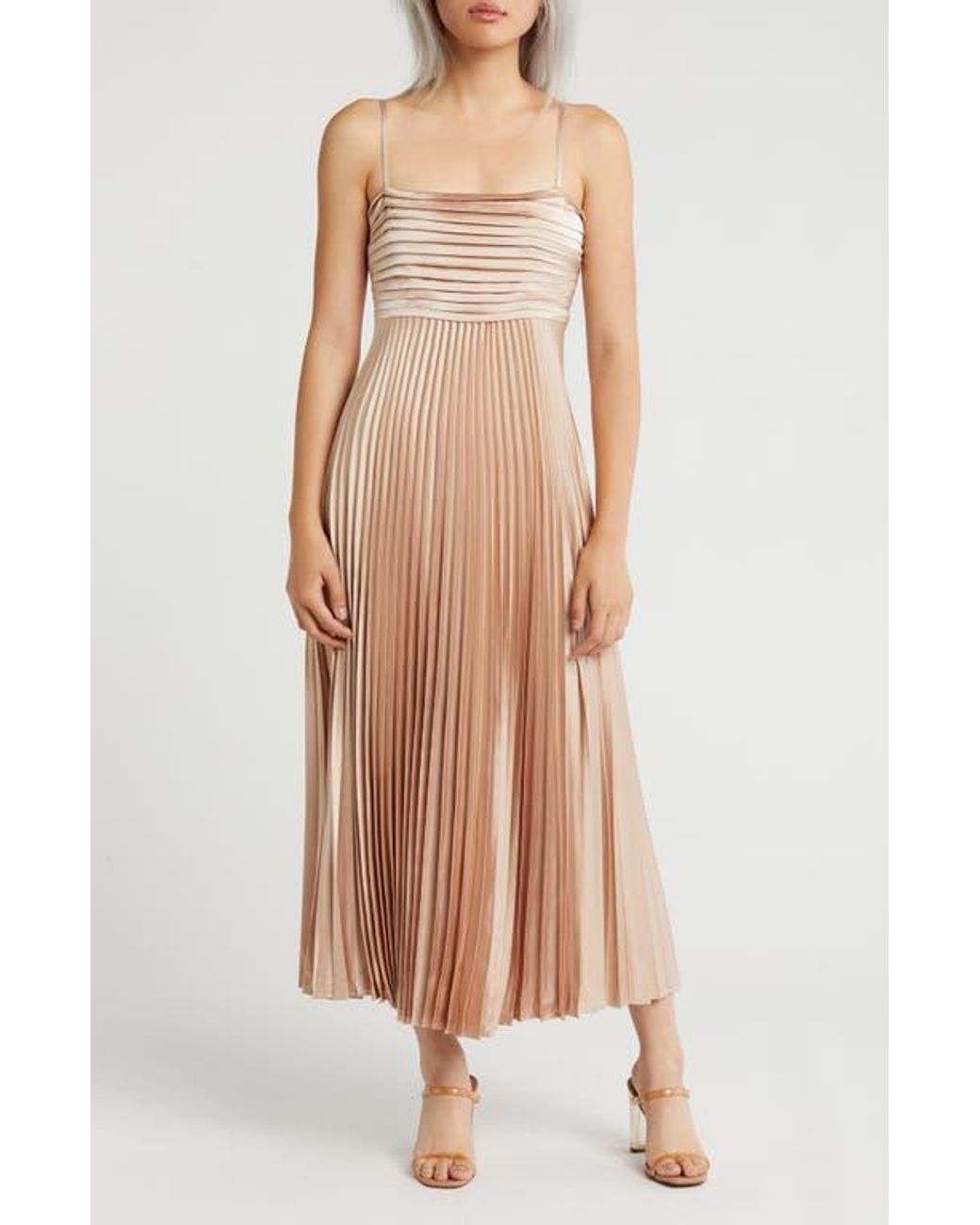 Lush Pleated Satin Midi Dress in Natural | Lyst