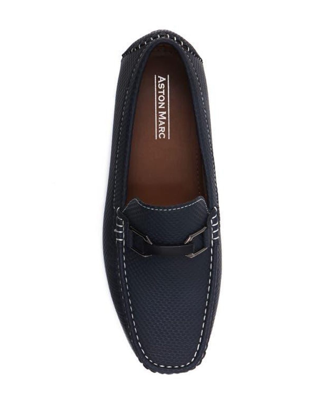 Aston Marc Blue Navy Textured Faux Leather Moc-Toe Loafers for men