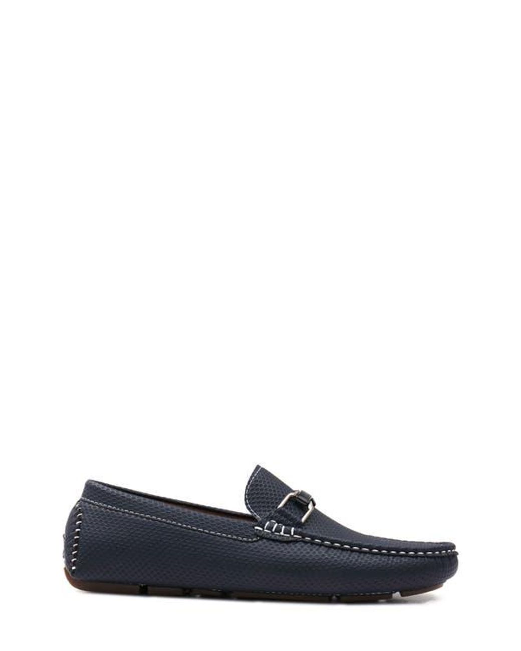 Aston Marc Blue Navy Textured Faux Leather Moc-Toe Loafers for men