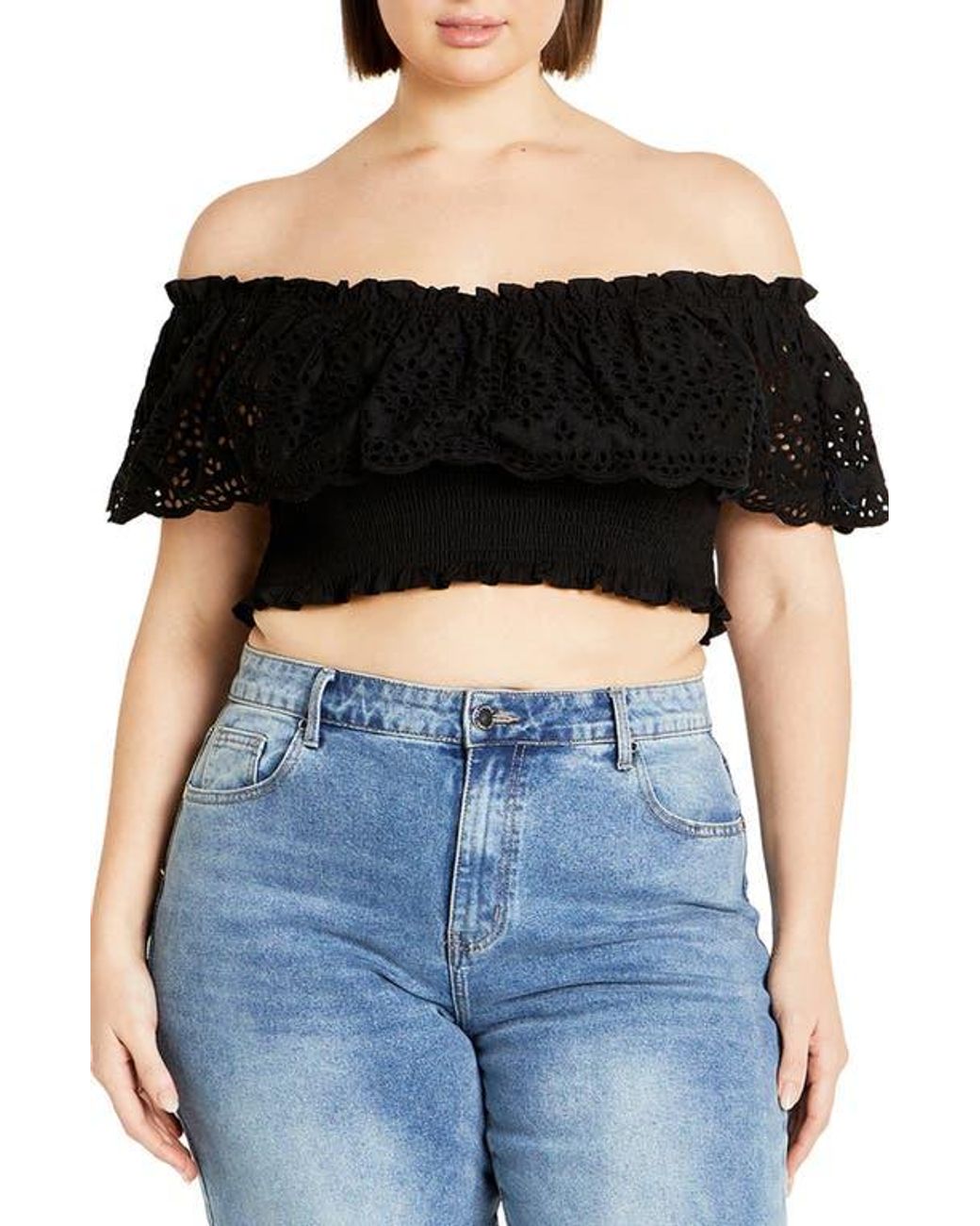 City Chic Black Jayde Eyelet Overlay Top