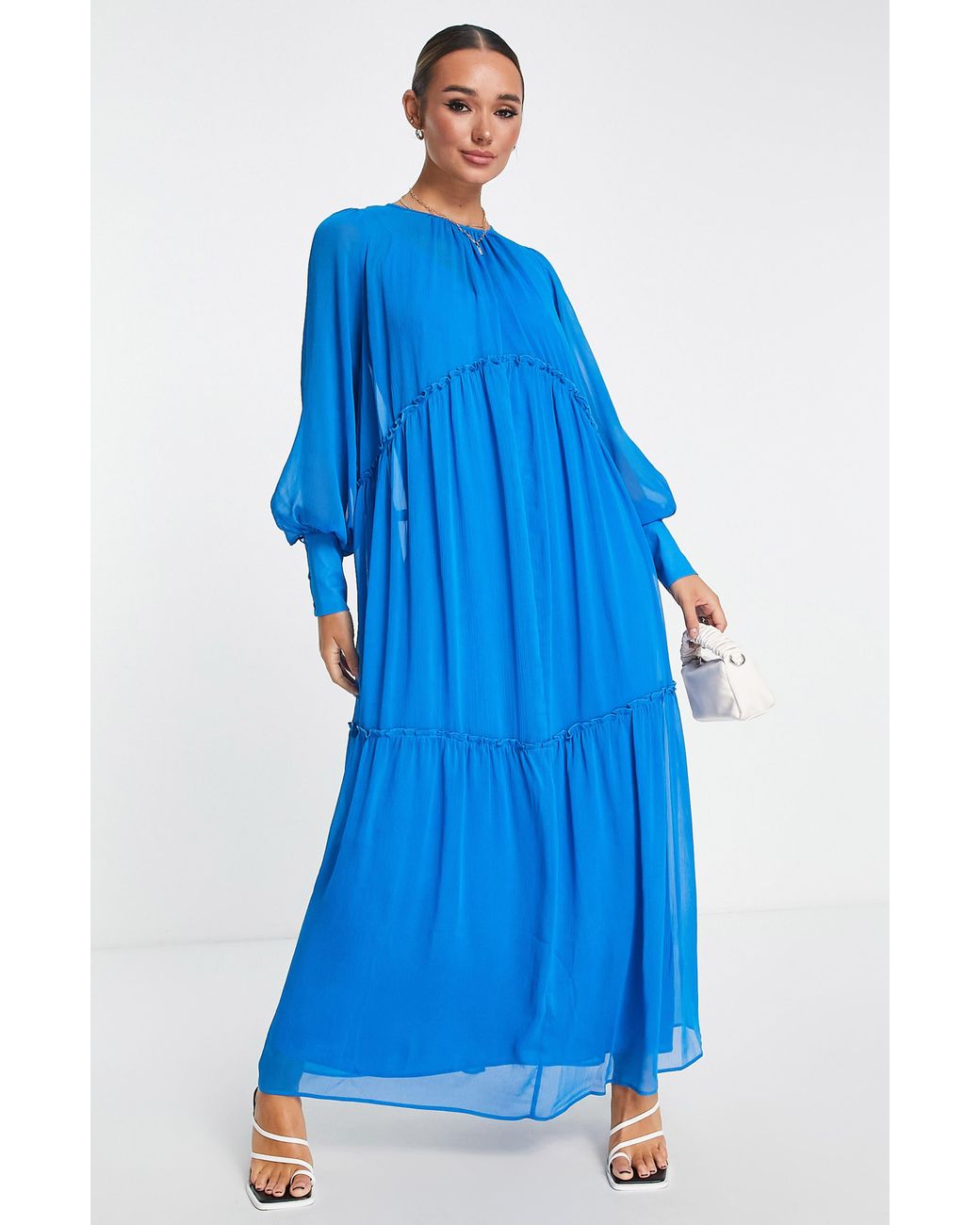 TOPSHOP Chuck On Long Sleeve Tiered Maxi Dress in Blue | Lyst