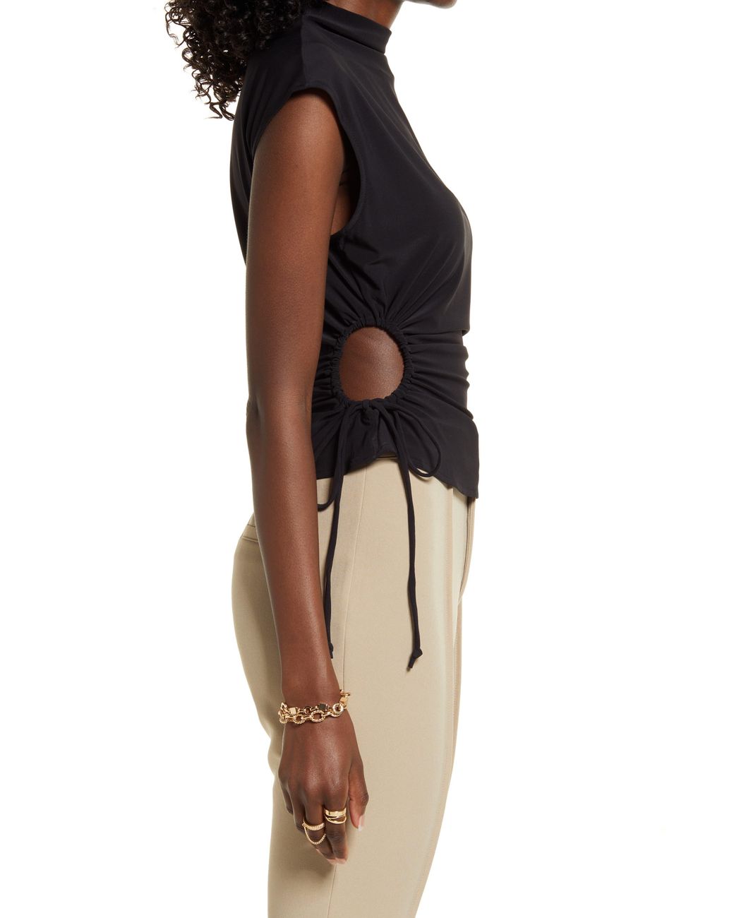 Open Edit Ruched Sleeveless V-neck Top In Black