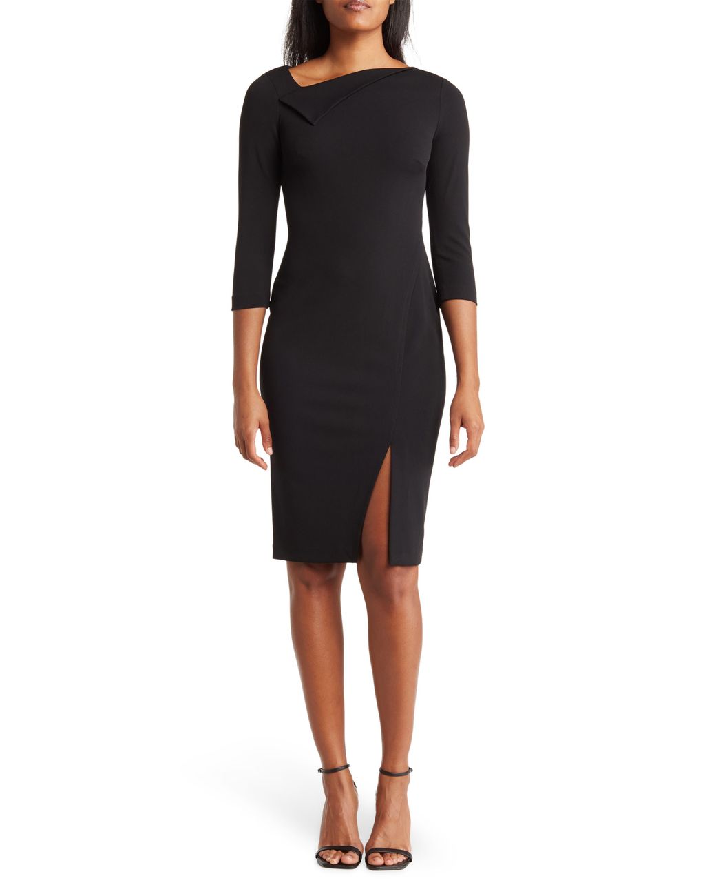 Calvin Klein Asymmetric Draped 3/4 Sleeve Sheath Dress in Black | Lyst