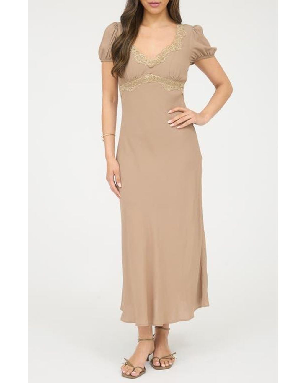 Blu Pepper Lace Trim Puff Sleeve Midi Dress in Natural | Lyst