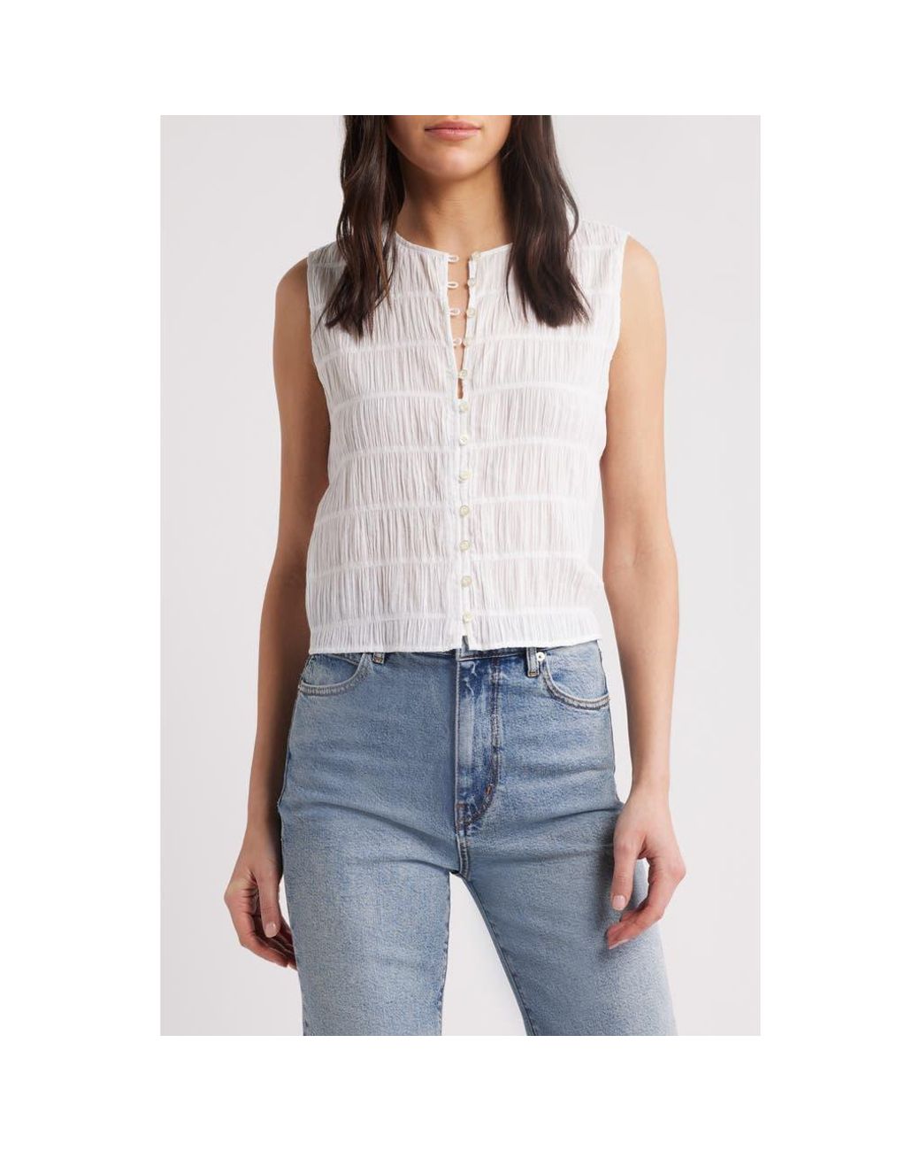 FRAME Blue The Smocked Button & Loop Tank