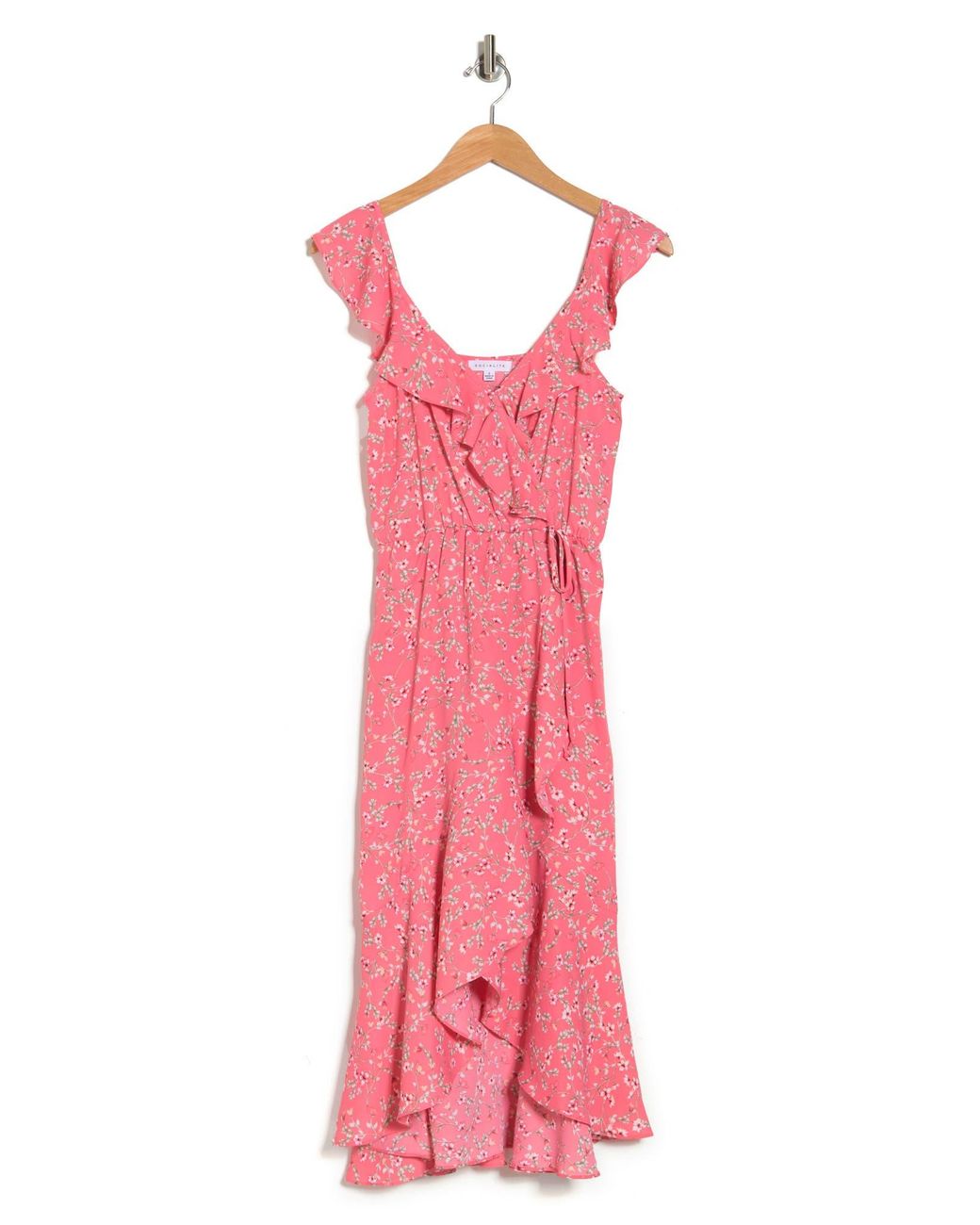 Socialite Ruffle Print Wrap Midi Dress In Coral Floral At Nordstrom