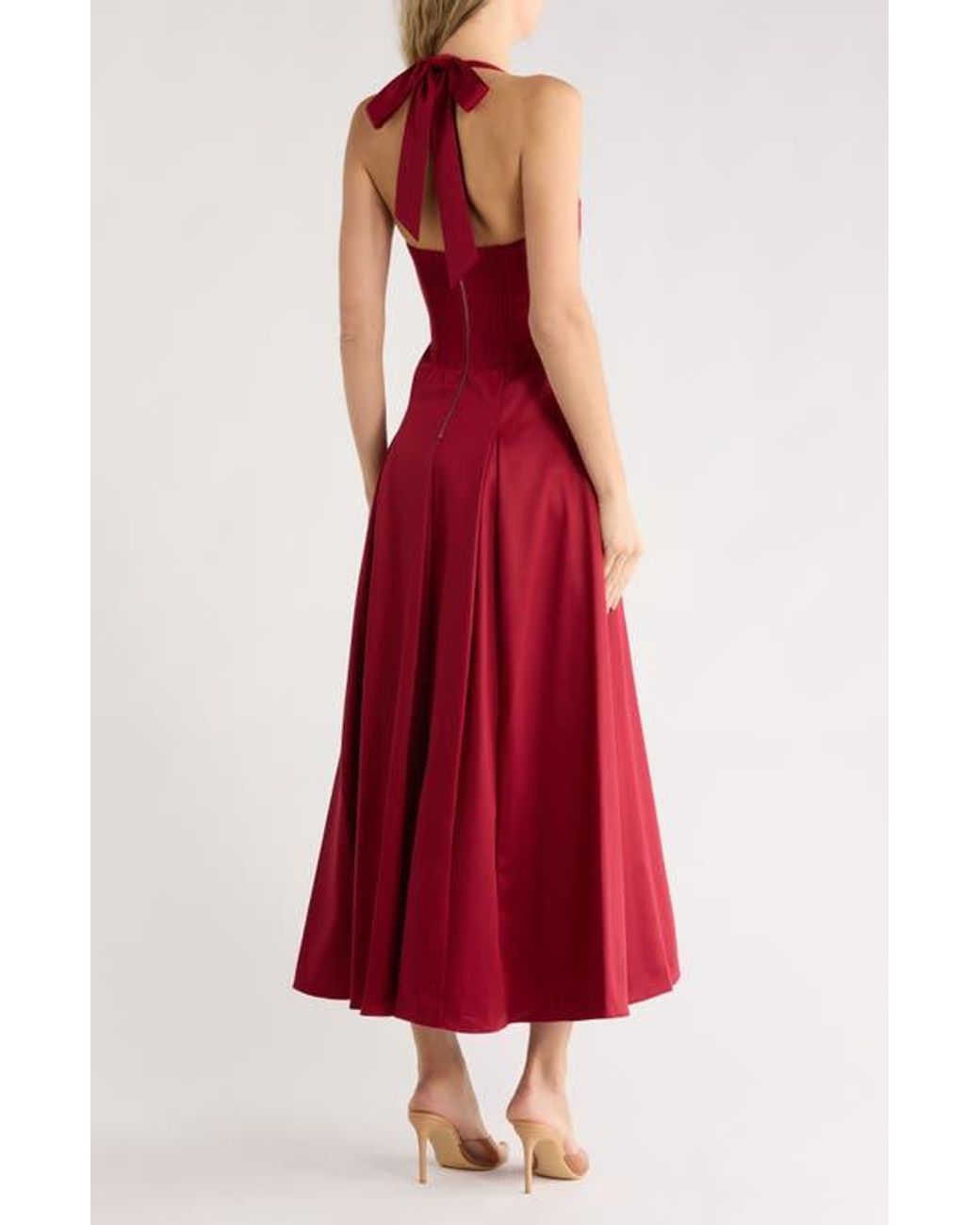 Alice + Olivia Isabelle Halter Tie Fit & Flare Dress in Red | Lyst