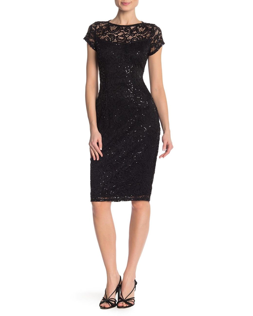 Marina Sequin Lace Cap Sleeve Sheath Dress in Black - Lyst
