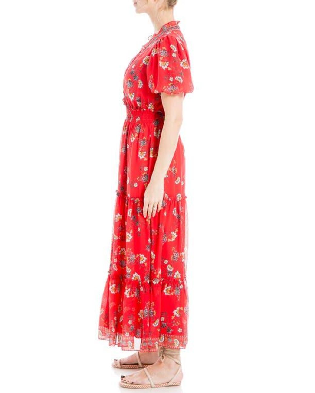 Max Studio Georgette Smocked Maxi Dress in Red Lyst