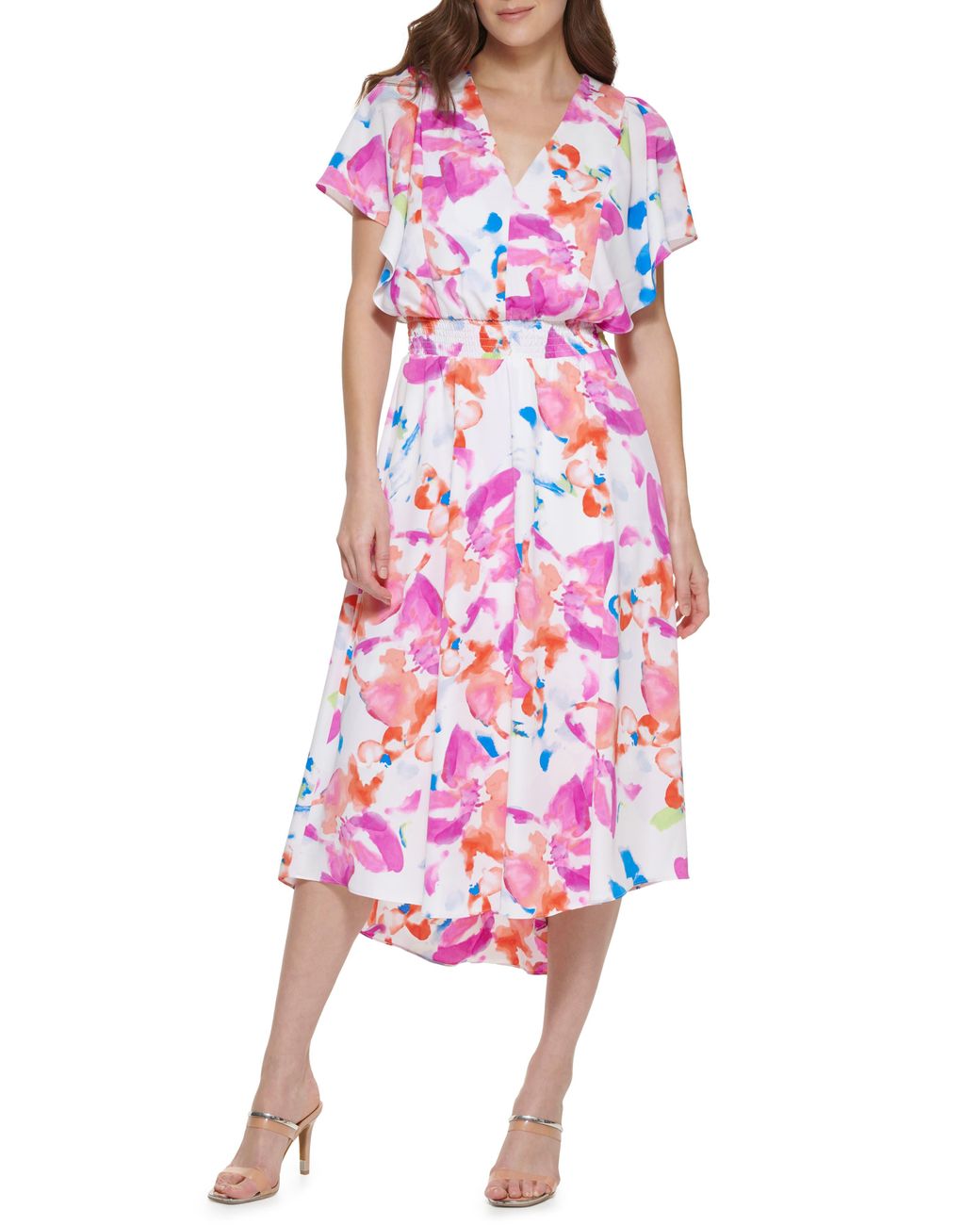 DKNY Watercolor Flutter Sleeve Midi Dress in Pink | Lyst