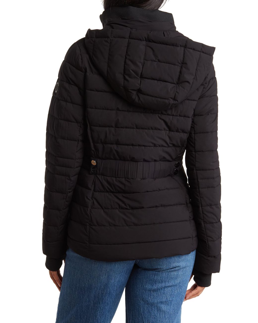 Nautica Women's 3/4 Stretch Puffer Jacket with Fur Hood and Half