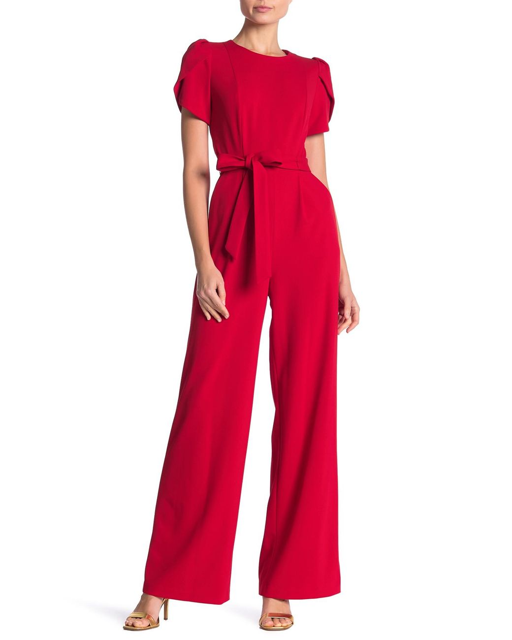 Calvin Klein Tulip Sleeve Waist Tie Jumpsuit in Red | Lyst