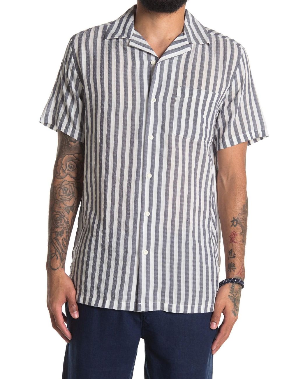 Onia Vacation Camp Collar Stripe Print Regular Fit Shirt in Deep Navy ...