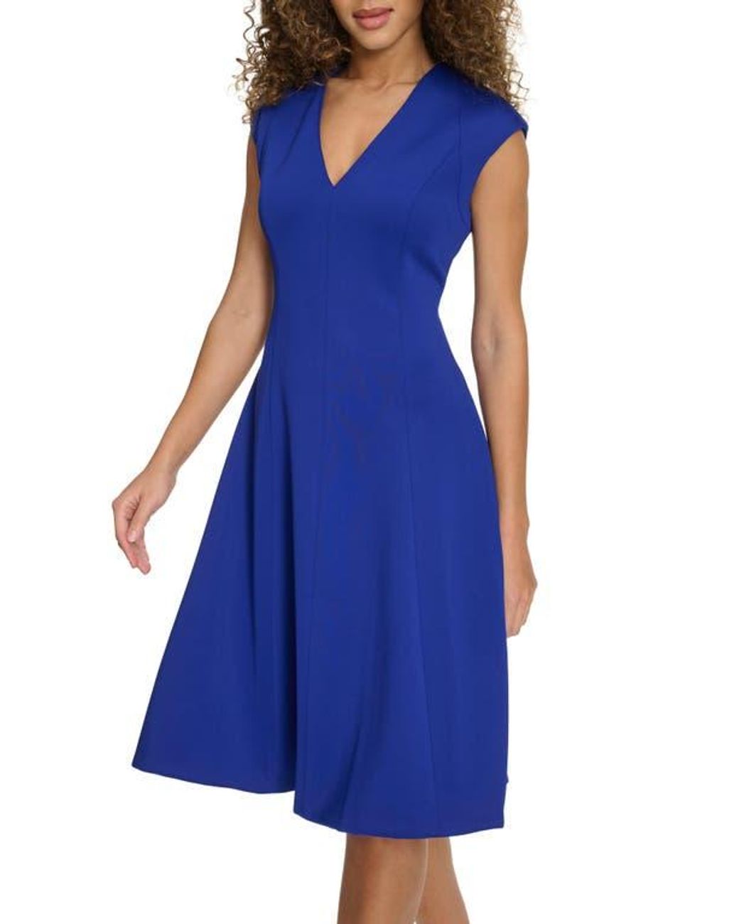 Calvin Klein Solid Cap Sleeve Fit & Flare Dress in Blue | Lyst Calvin Klein Solid Cap Sleeve Fit & Flare Dress in Blue | Lyst