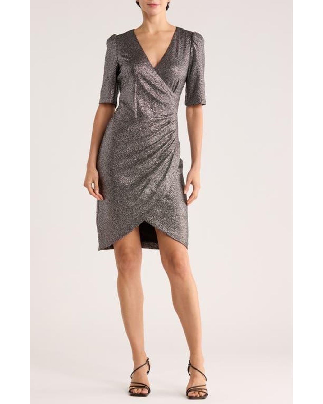 Calvin Klein Metallic Short Sleeve Faux Wrap Dress in Gray | Lyst