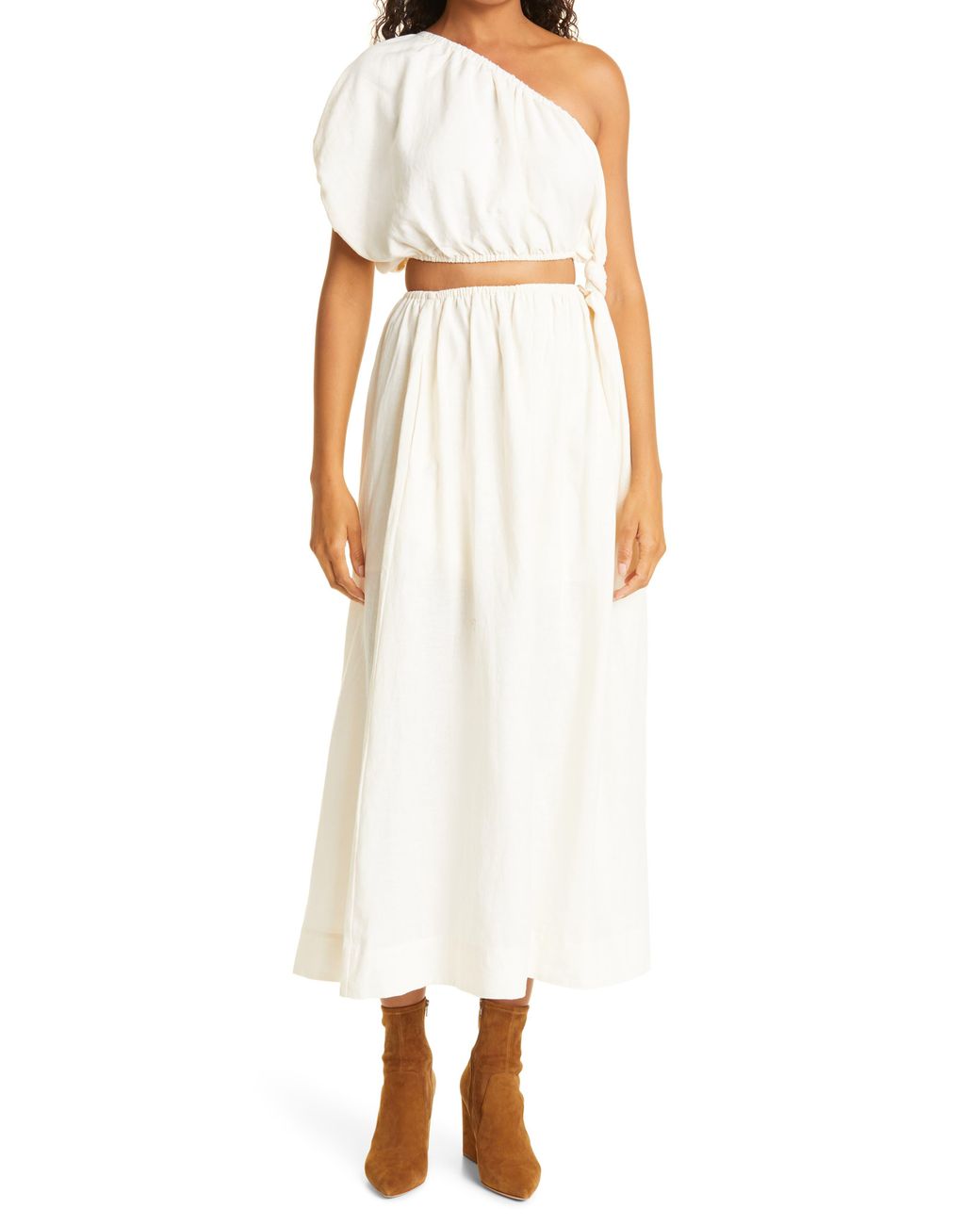 FARM Rio Oneshoulder Waist Cutout Linen Blend Dress In Offwhite At