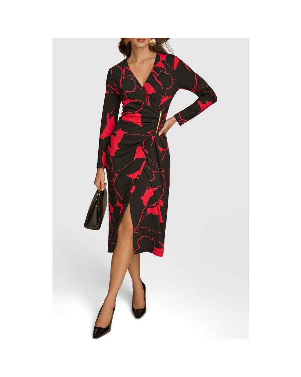 Donna Karan Bar Long Sleeve Faux Wrap Jersey Midi Dress in Red | Lyst