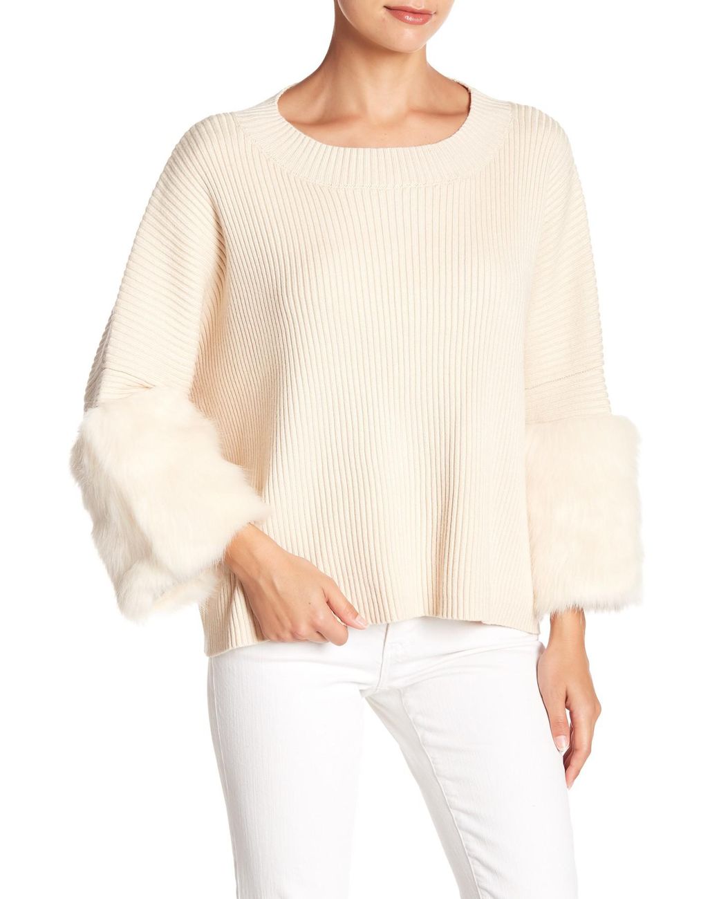 Fate Faux Fur Cuff Sweater in Natural Lyst