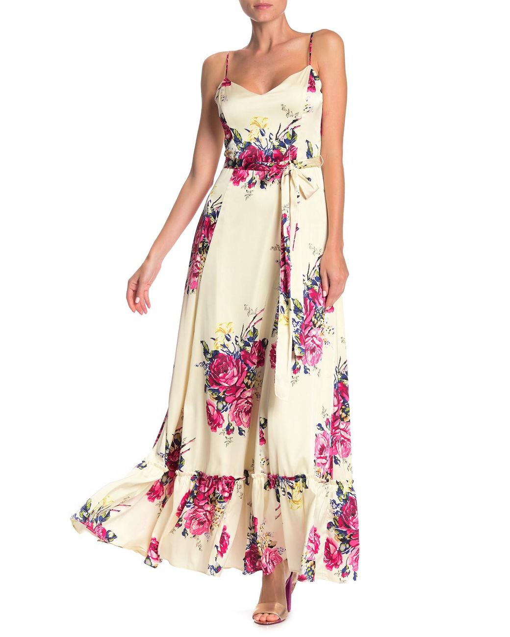 Betsey Johnson Floral Satin Maxi Dress in Pink | Lyst
