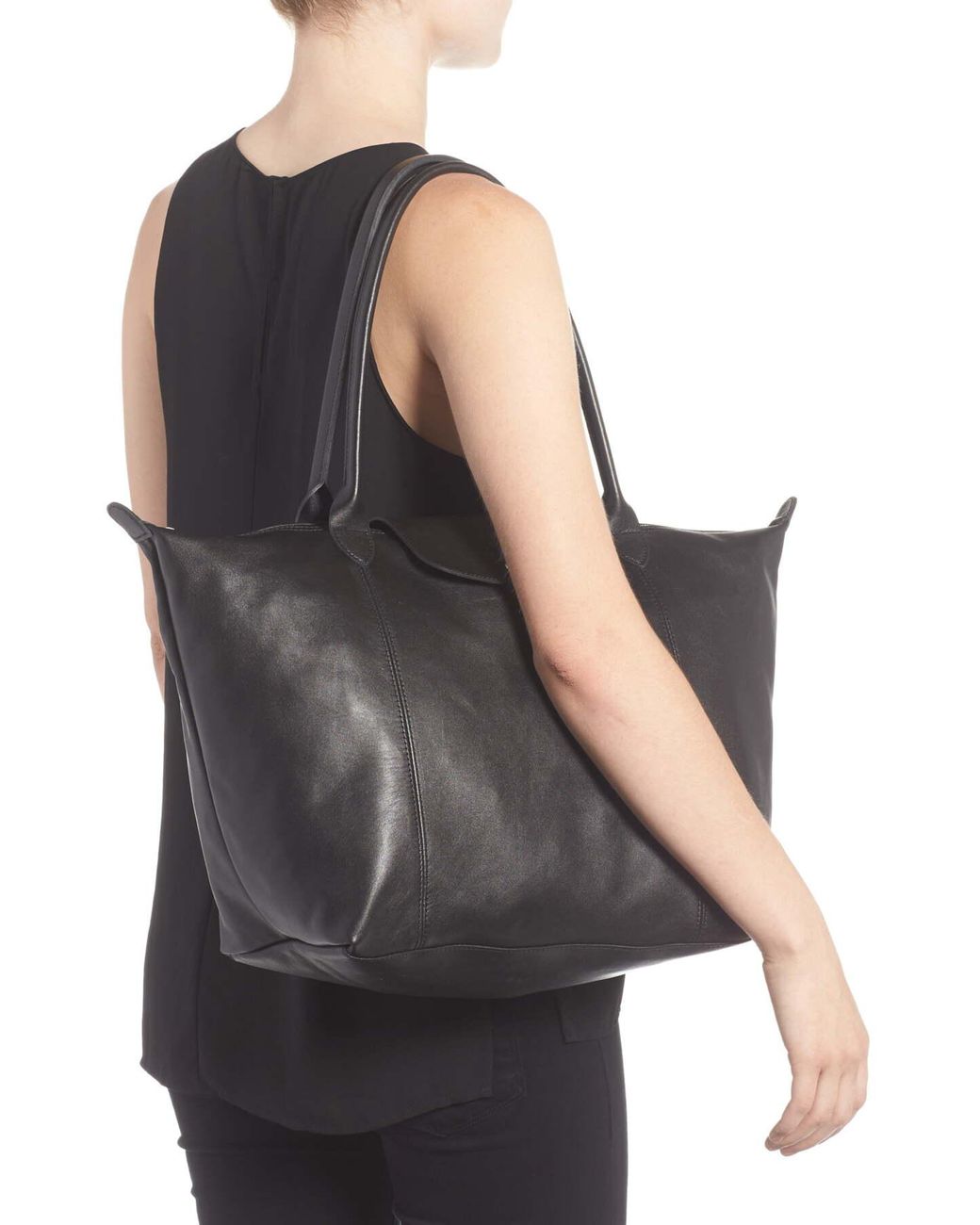Longchamp 'le Pliage Cuir' Leather Tote in Black | Lyst
