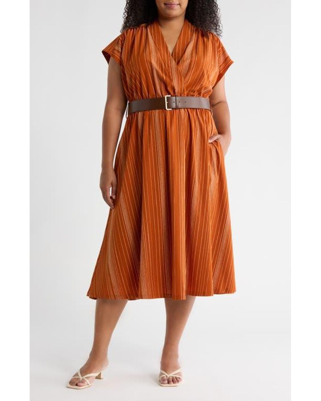 Calvin Klein Stripe Surplice V-Neck Belted Wrap Dress in Orange | Lyst Calvin Klein Stripe Surplice V-Neck Belted Wrap Dress in Orange | Lyst