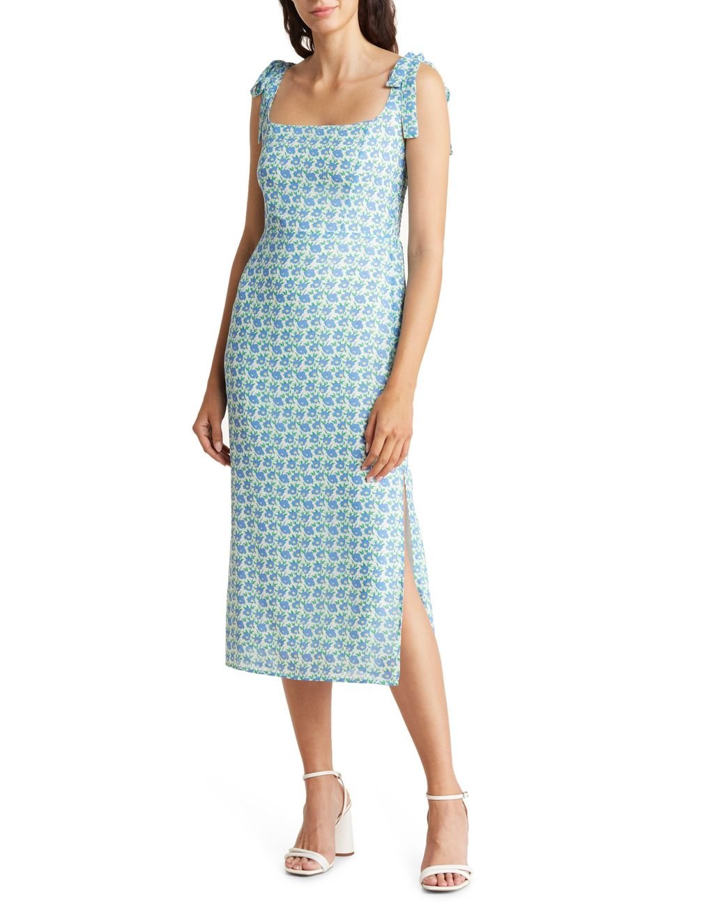 Lush Floral Tie Strap Midi Dress in Blue Lyst