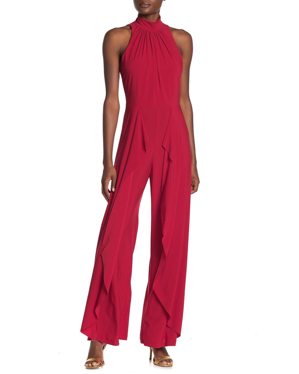 Marina Halter Neck Ruffled Wide Leg Jumpsuit in Red | Lyst