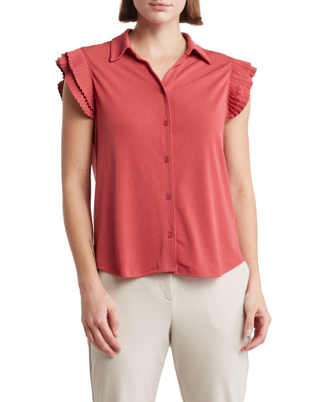 Adrianna Papell Pleated Cap Sleeve Button up Shirt in Red Lyst