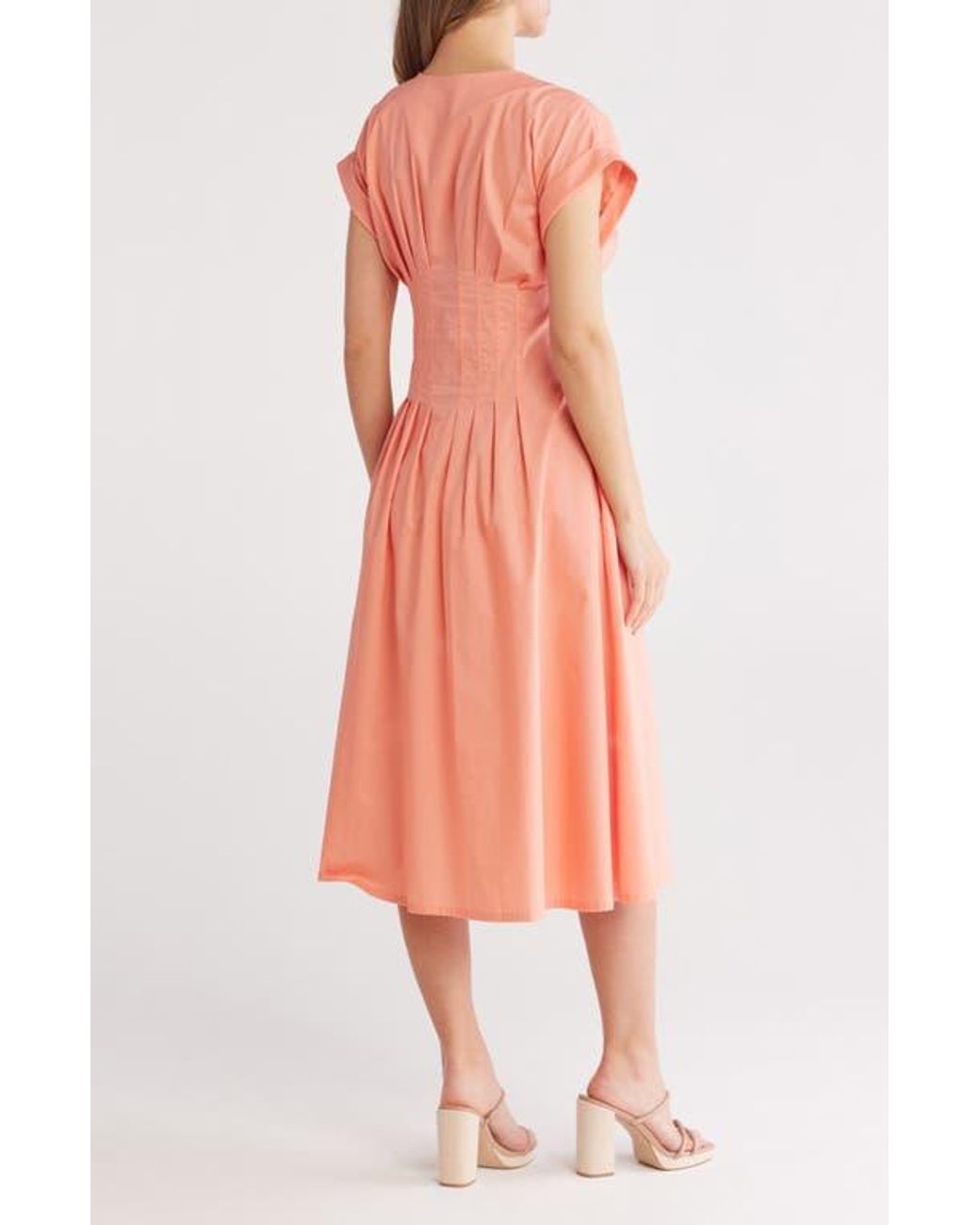 Calvin Klein Short Sleeve Button Front Cotton Blend Midi Dress in Pink |  Lyst