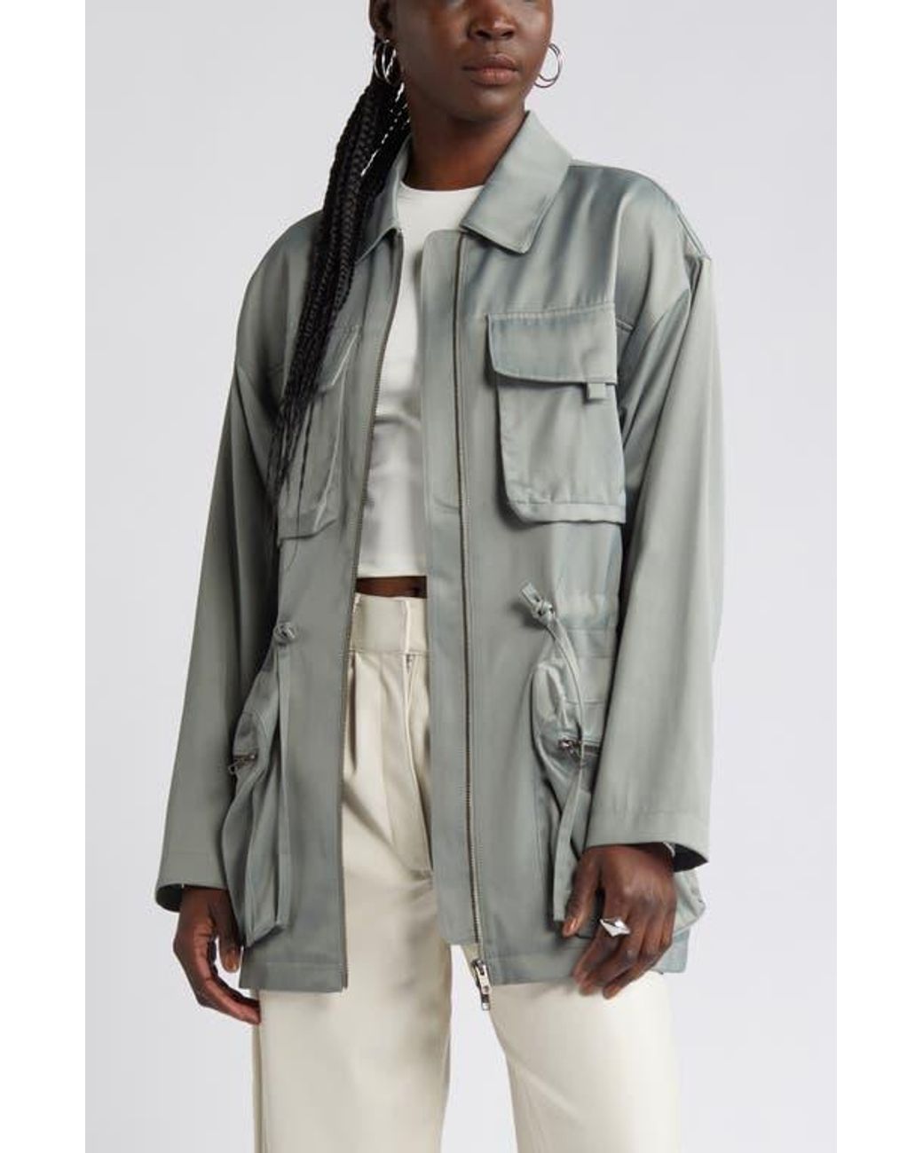 Open Edit Satin Utility Jacket in Gray Lyst