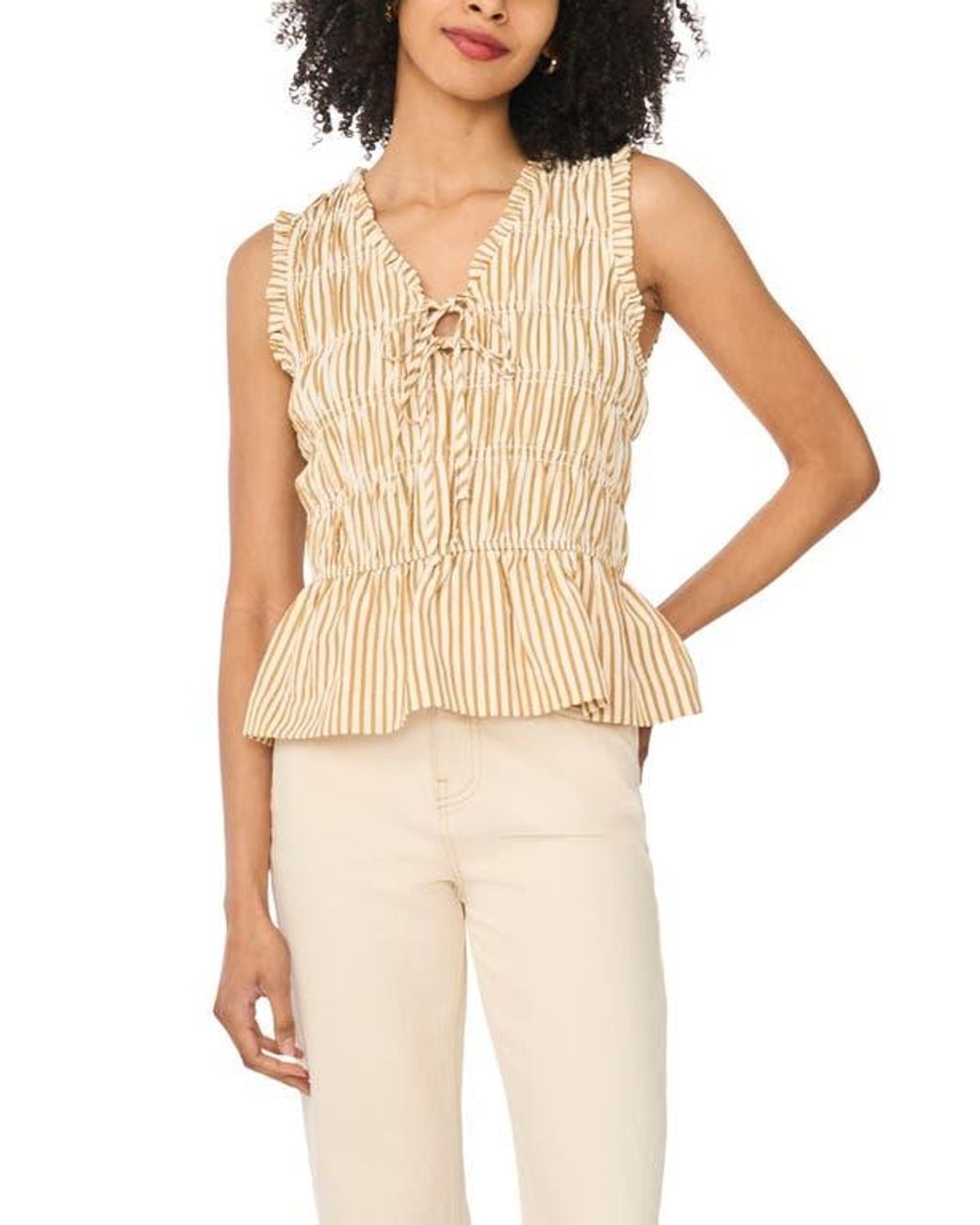 Halogen® Natural Sleeveless Ruffle Gathered Top