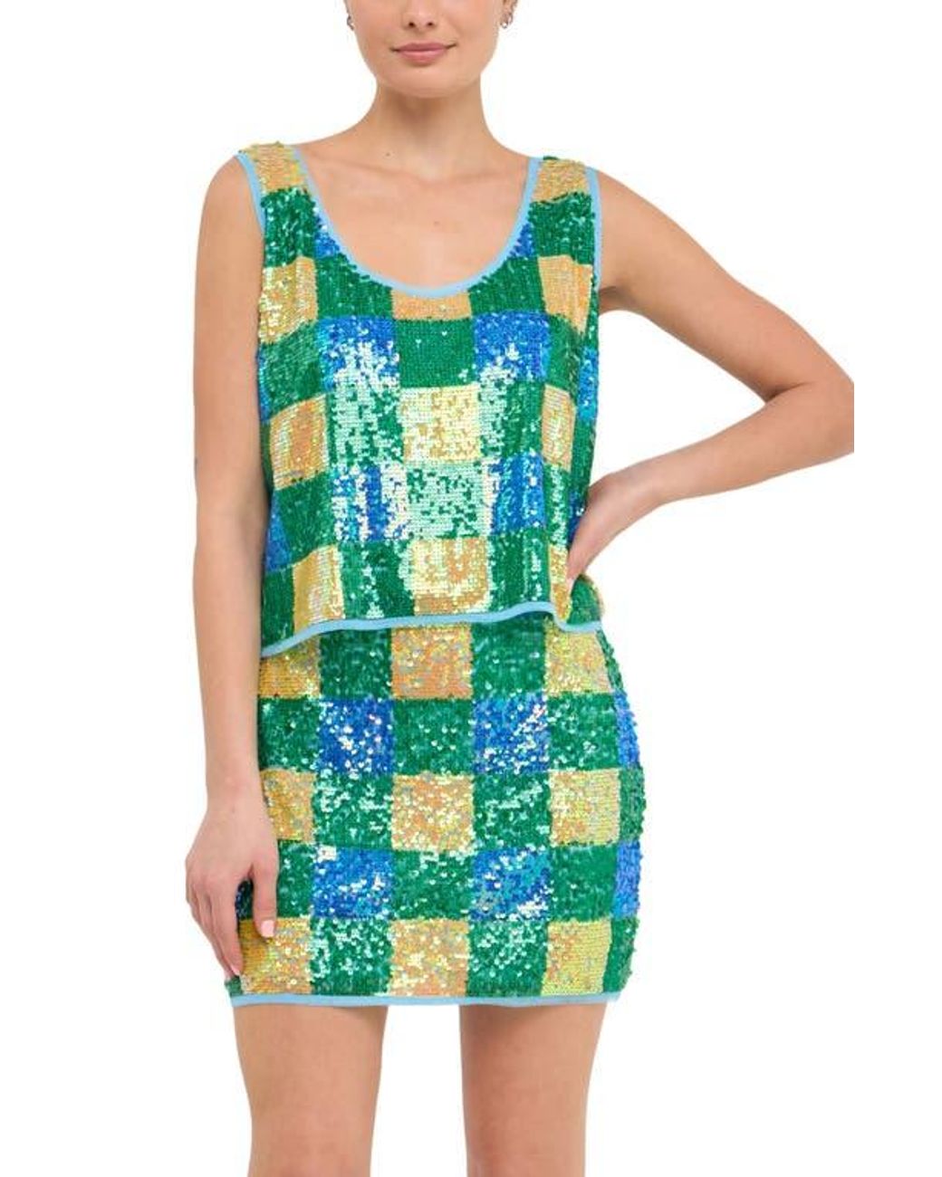Endless Rose Blue Sequin Check Tank
