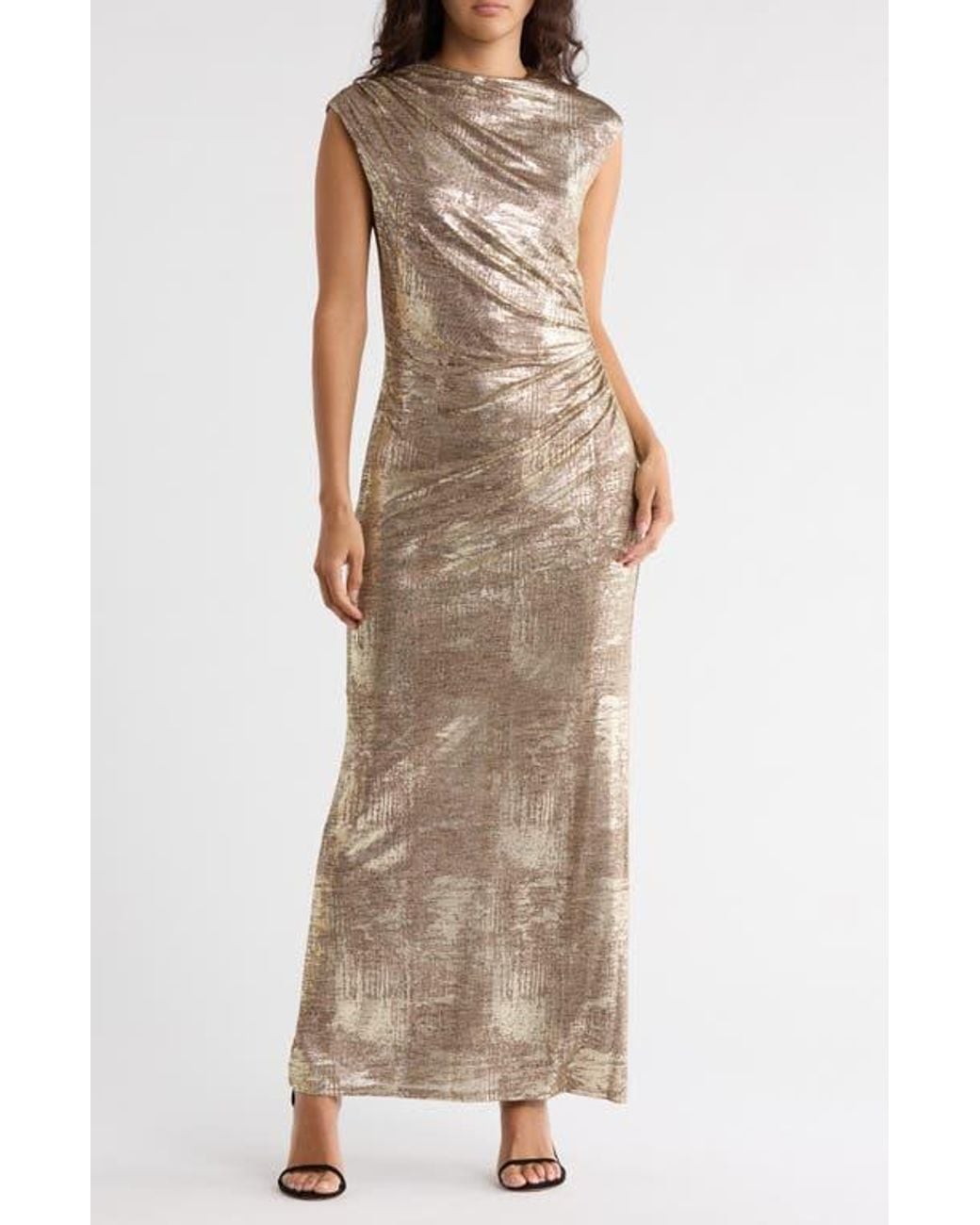Connected Apparel Foil Jersey Draped Midi Dress in Natural | Lyst