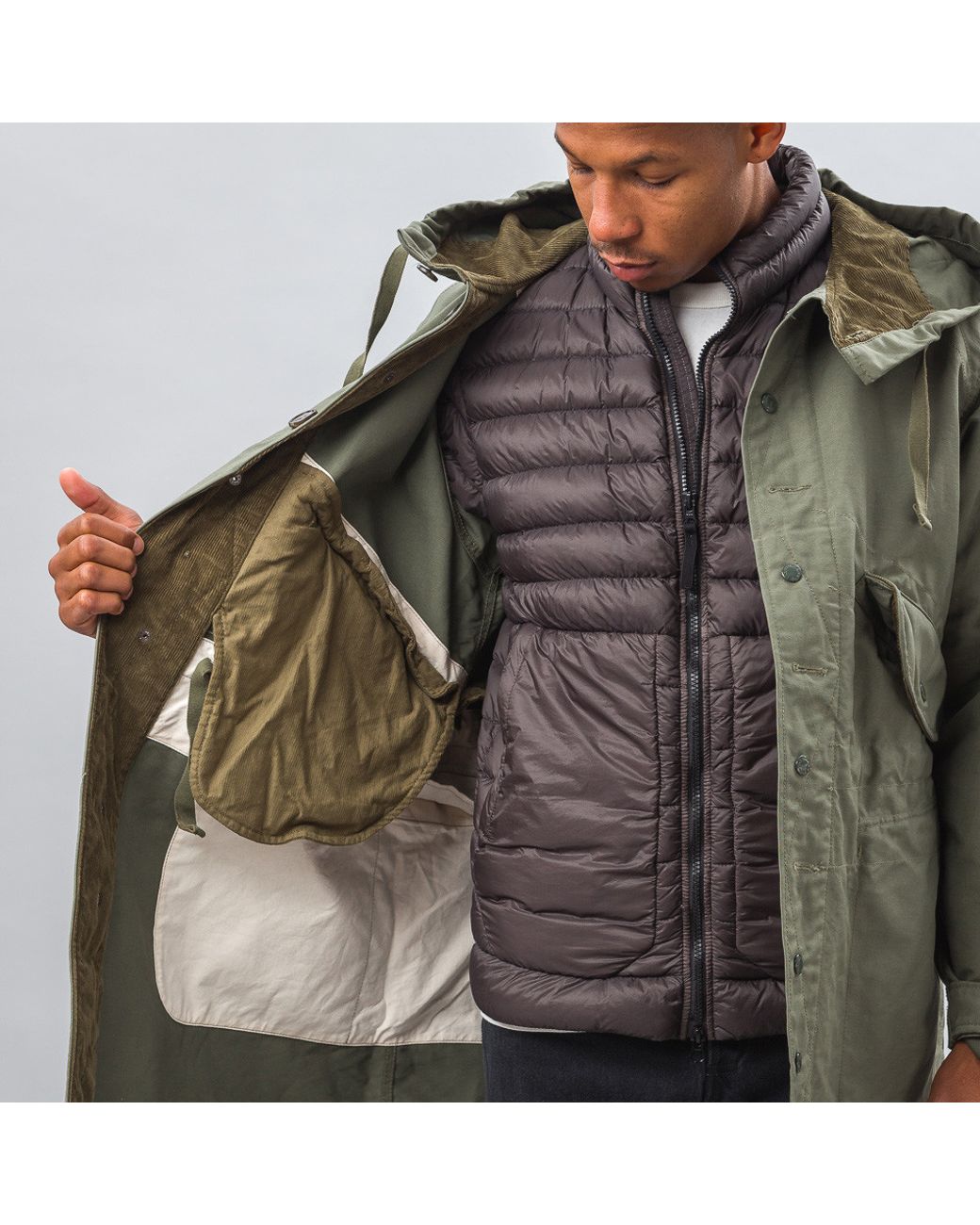 Engineered Garments Highland Parka In Olive Double Cloth in Blue