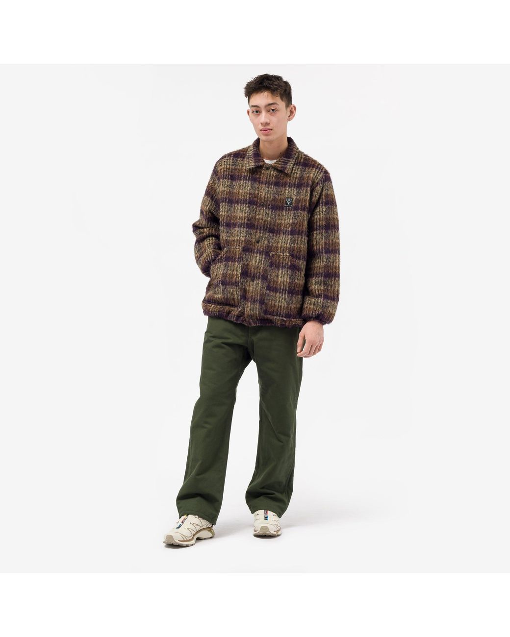 South2 West8 Shaggy Plaid Coach Jacket in Brown for Men | Lyst