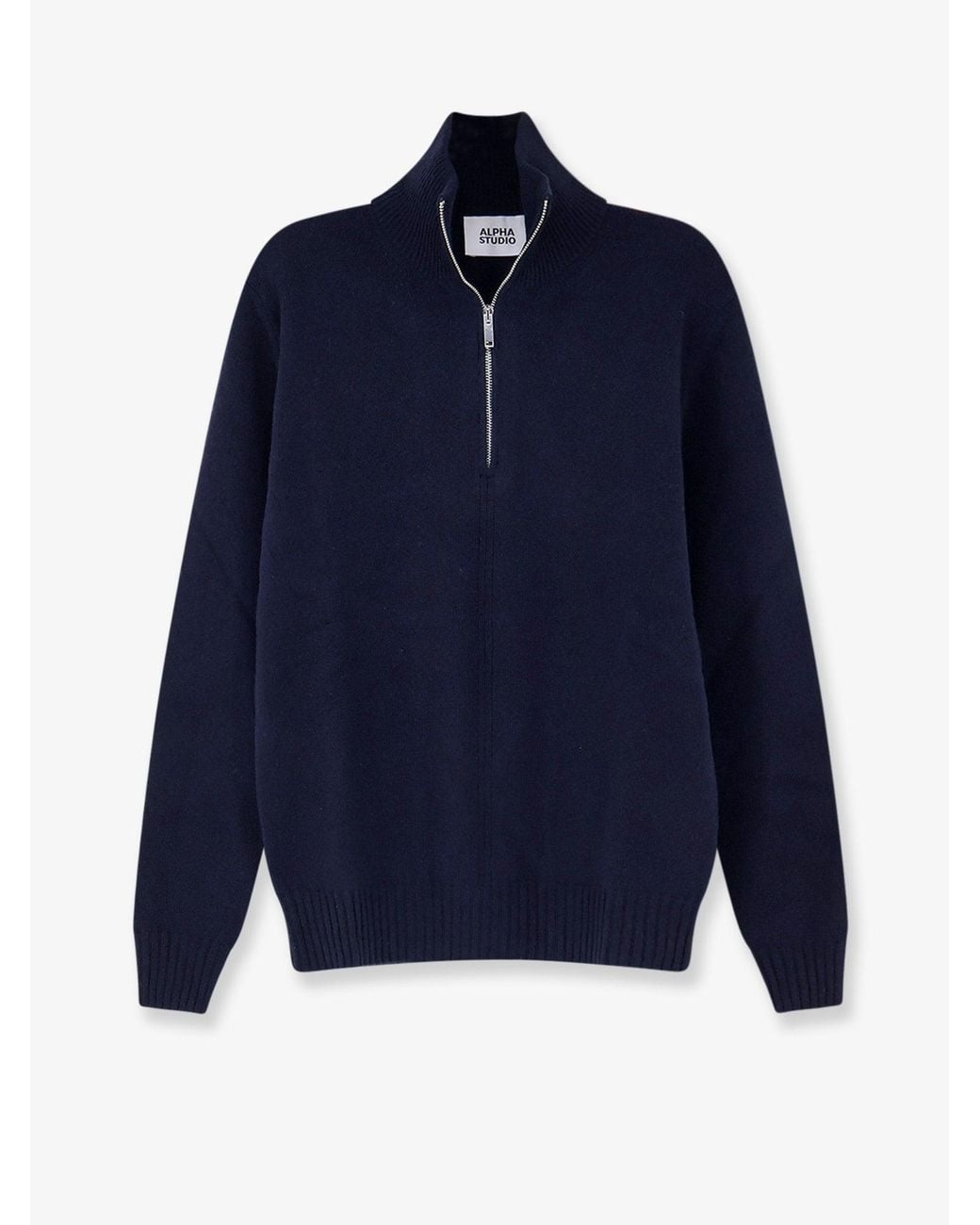 Alpha Studio Blue Wool And Cashmere Half-Zip Cardigan for men