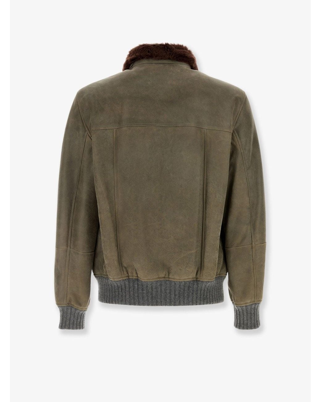 Brunello Cucinelli Green Waxed Shearling Bomber Jacket With Shearling Collar for men