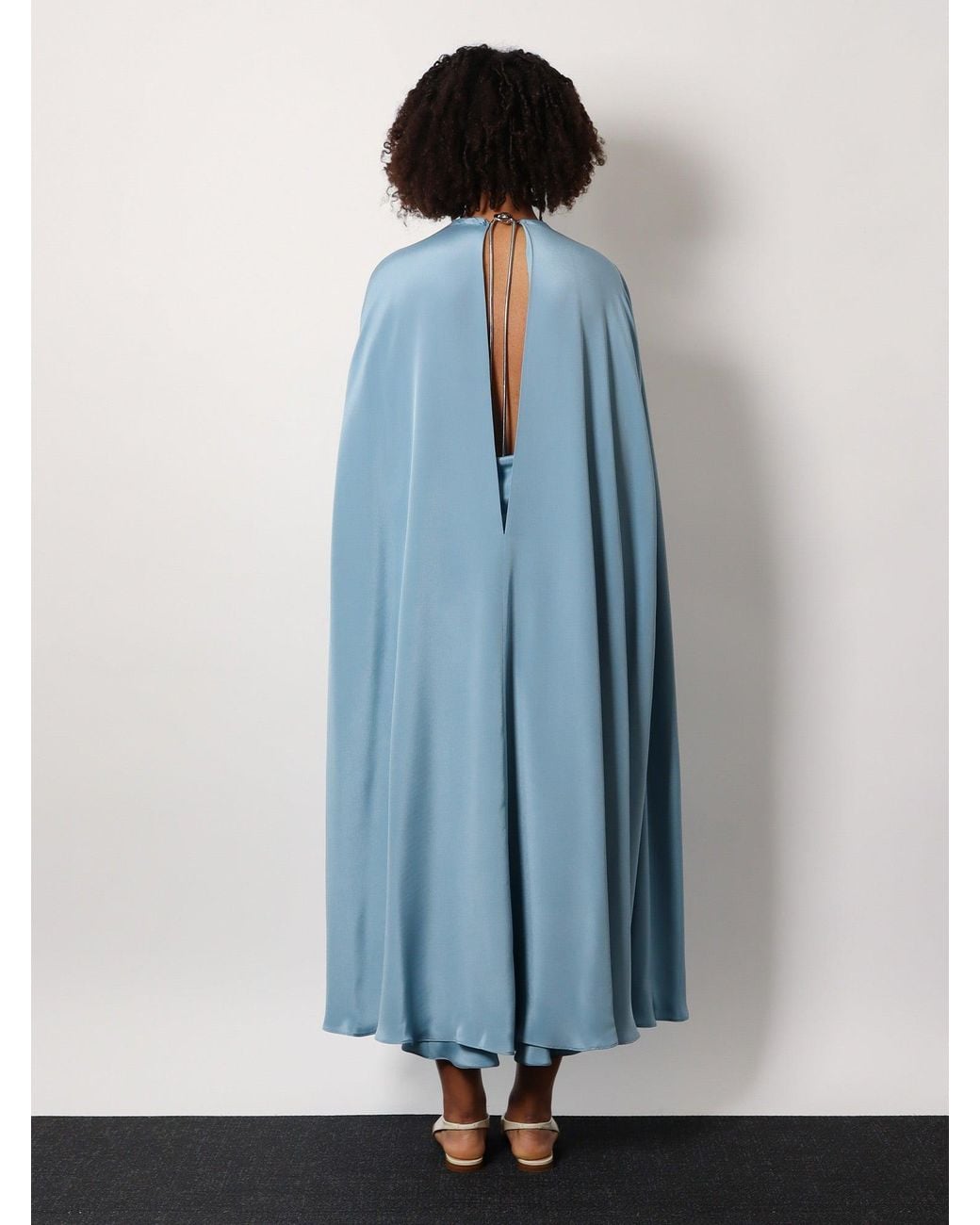 Max Mara Blue Managua Silk Long Dress With Silk Cape And Metal Detail