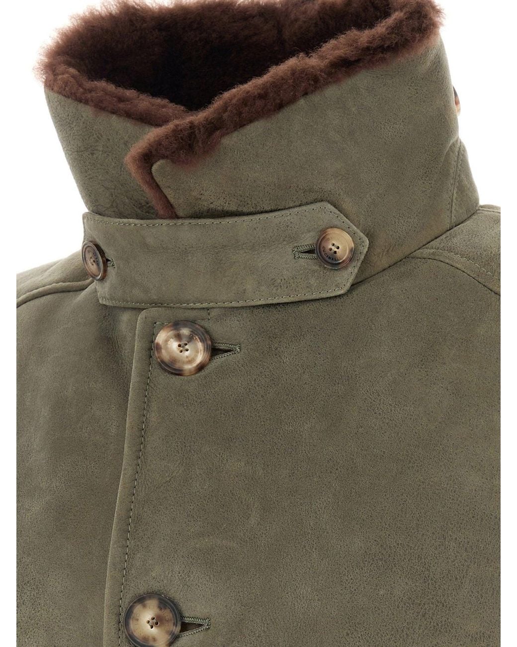 Brunello Cucinelli Green Waxed Shearling Bomber Jacket With Shearling Collar for men