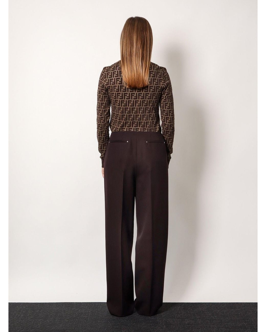 Fendi Brown Virgin Wool Trousers With Metal Ff Details