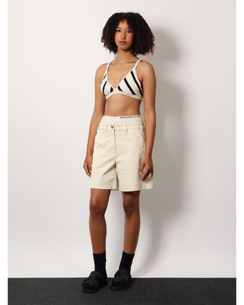 Moncler Natural Stretch Cotton Shorts With Maxi Logo Patch