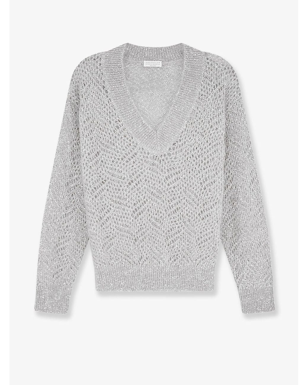 Brunello Cucinelli White Mohair Blend Sweater With Dazzling Pattern