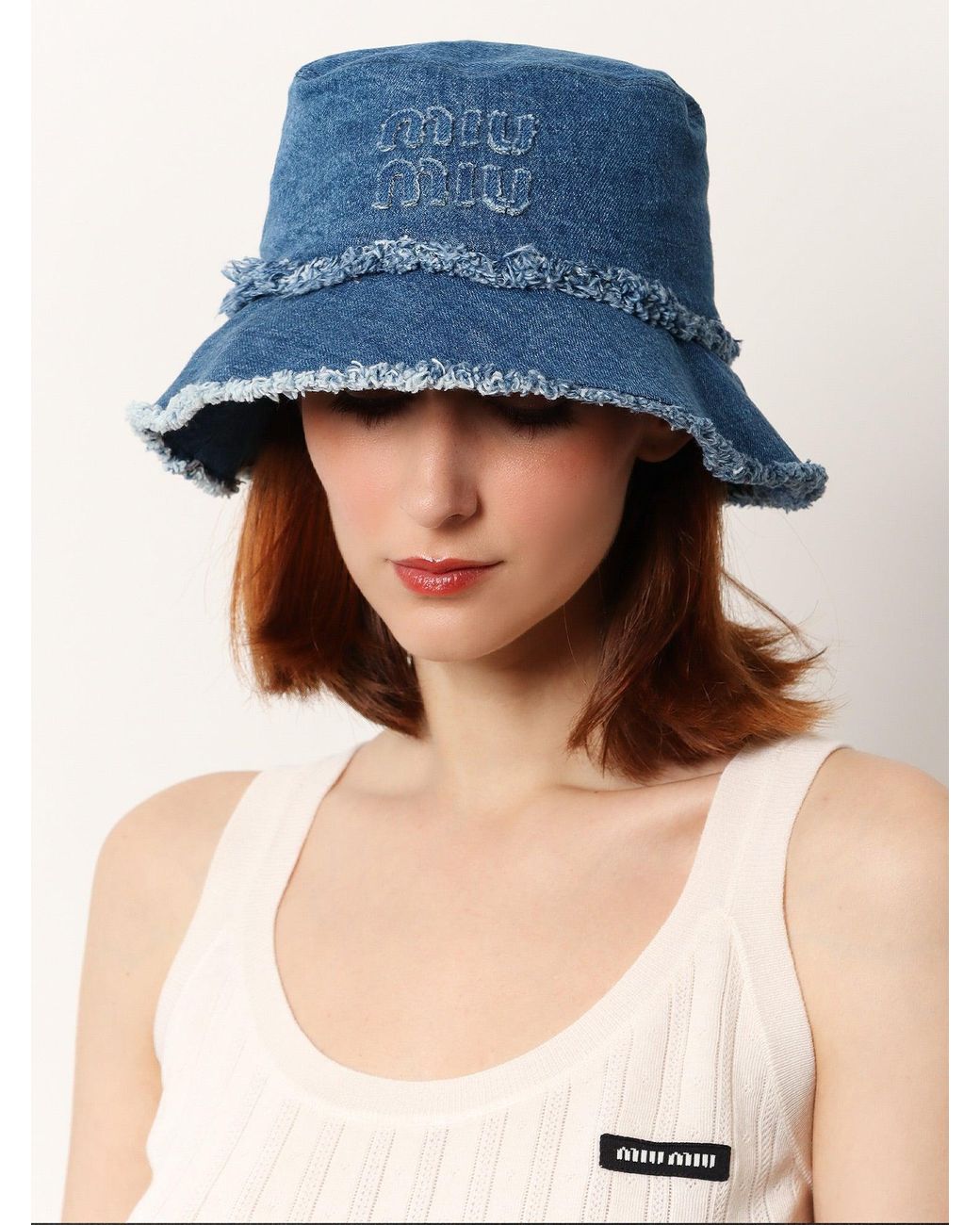 ミュウミュウ Denim cloche with logo patch バケットハット Miu Miu Denim Cloche With Logo Patch (MiuMiu/ハット) DENIM