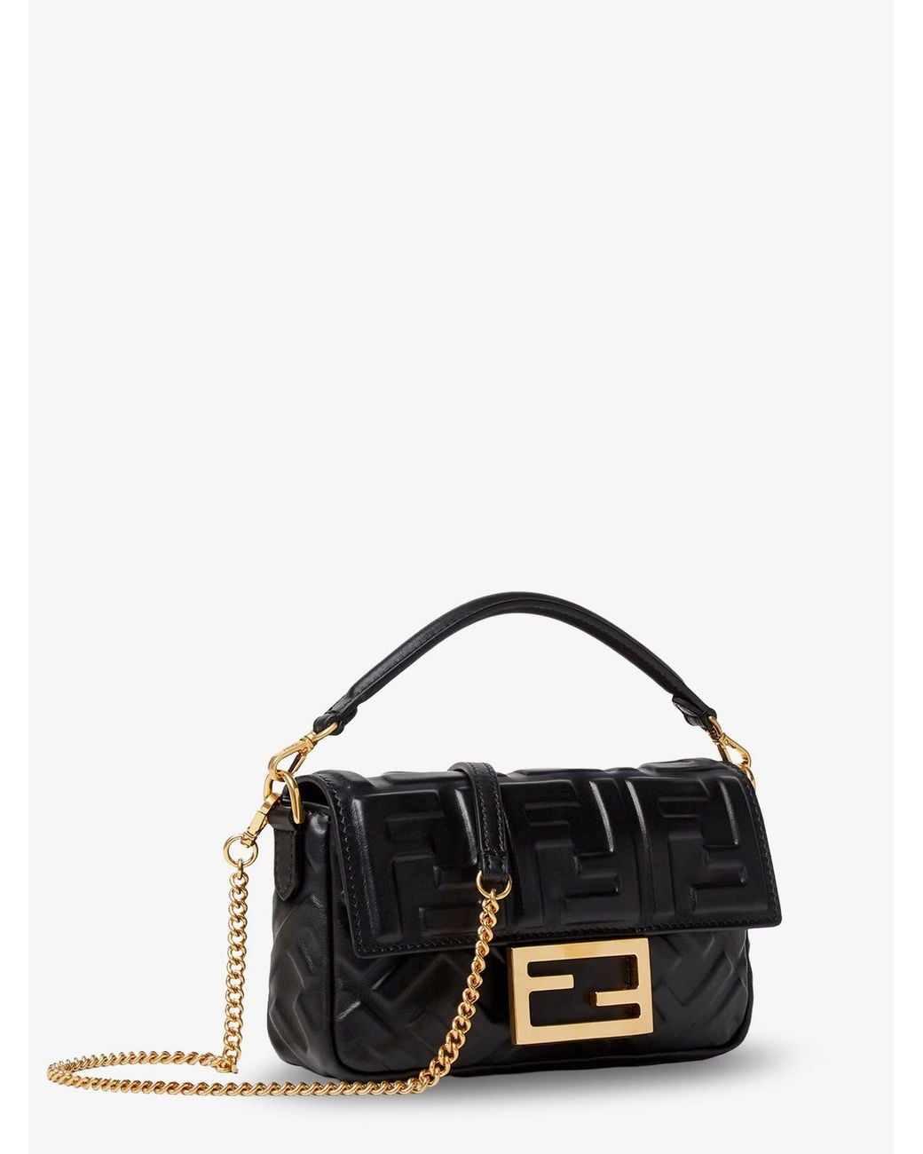 Fendi Black Baguette Mini Leather Shoulder Bag With Embossed Ff Pattern