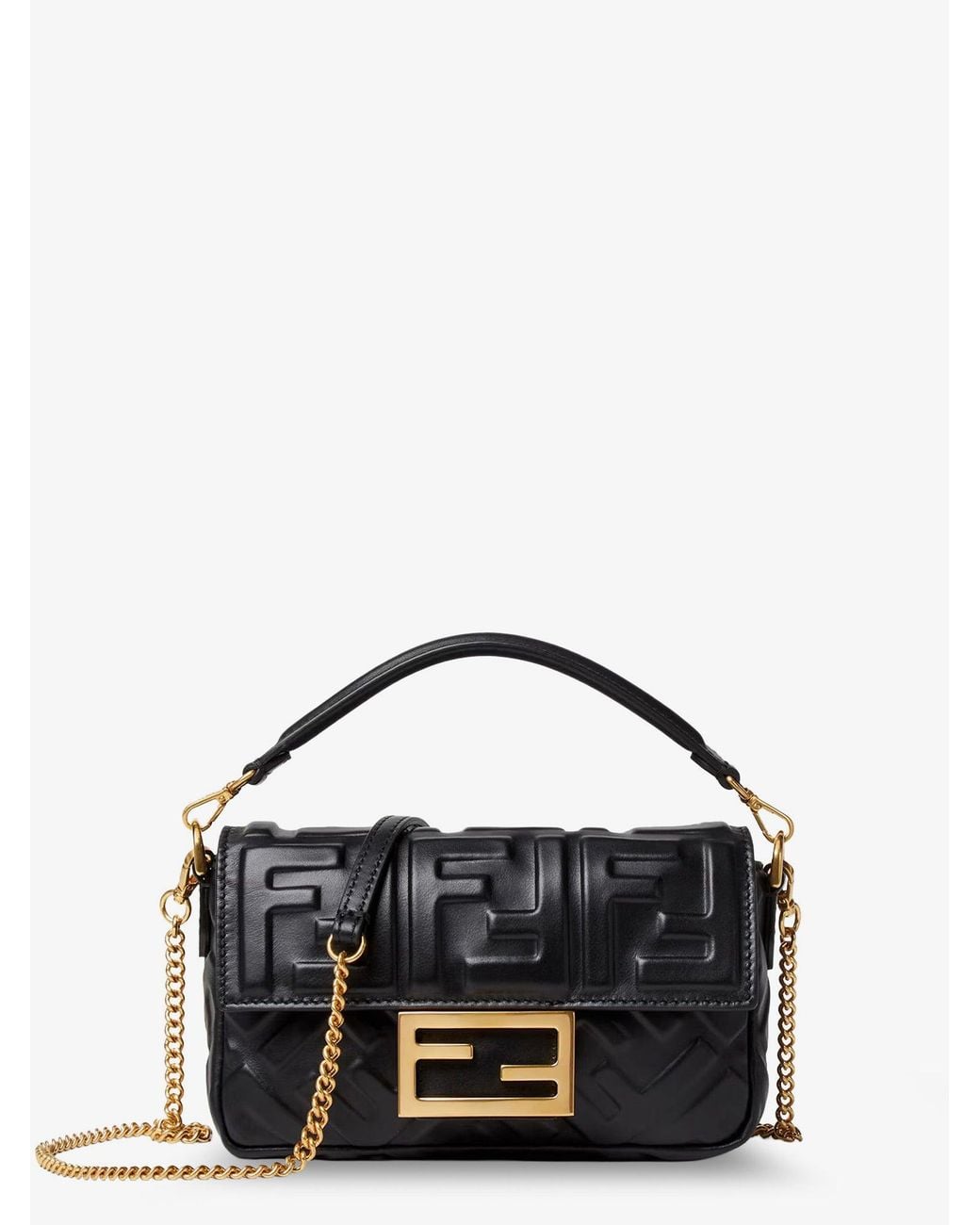 Fendi Black Baguette Mini Leather Shoulder Bag With Embossed Ff Pattern